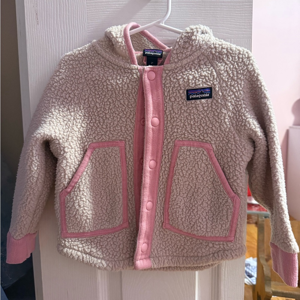 Patagonia Cream and Pink Hooded Fleece Jacket